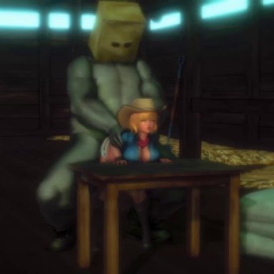 3d, animated, big dom small sub, bigger dom, bigger male, clothed, clothed female, clothed female nude male, cowboy hat, female, fishnet stockings, jorts, large penis, male, mp4