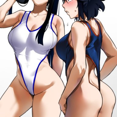 2girls, ass, black hair, cleavage, female only, kill la kill, kiryuuin satsuki, large breasts, long hair, matoi ryuuko, one-piece swimsuit, satoriwappa, school swimsuit, short hair, swimsuit