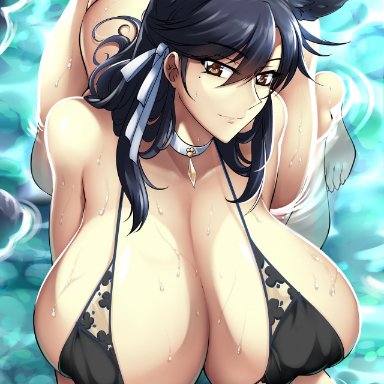 animal ears, atago (azur lane), azur lane, bikini, black hair, brown eyes, collar, haganef, huge breasts, long hair, looking at viewer, on all fours, voluptuous, wet