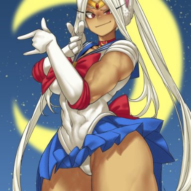 1girls, bishoujo senshi sailor moon, blue background, bunny ears, cosplay, dark-skinned female, dark skin, female, female only, long hair, looking at viewer, magical girl, miruko, moon, muscular