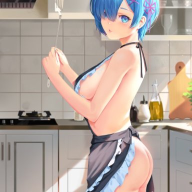 1girls, apron, apron only, bangs, blue eyes, blue hair, breasts, cooking, exposed ass, female, female only, fringe, hair, hair ornament, hair ribbon