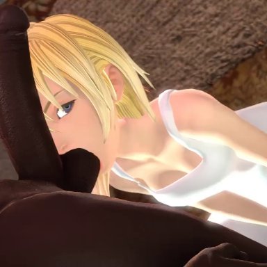 1girls, 3d, animated, blonde hair, blue eyes, cleavage, couch, dark-skinned male, dark skin, dress, fellatio, interracial, kingdom hearts, licking, male