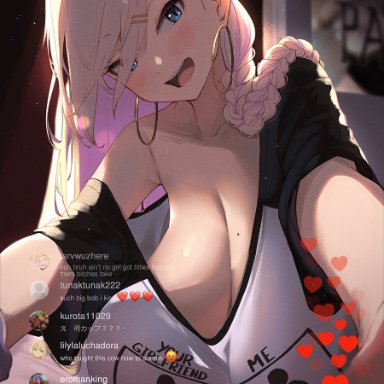 big breasts, blonde hair, blue eyes, blush, braid, braided hair, cleavage, earrings, english text, hairclip, huge breasts, livestream, looking at viewer, magister (bigbakunyuu), mole on breast