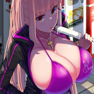 between breasts, big breasts, bra, bunny, cleavage, cross, cross necklace, deep cleavage, dripping juice, dripping on breasts, dripping water, eyebrows raised, eyebrows visible through hair, facominn, gas station