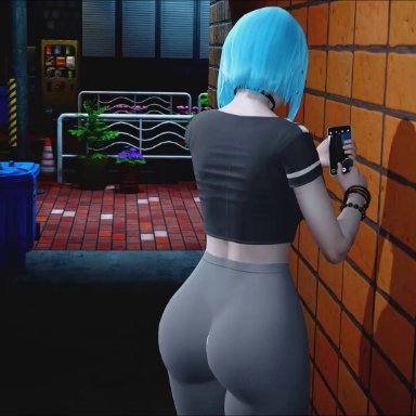 3d, ahwlly, ahwlly (artist), alleyway, animated, ass, ass focus, blue hair, glasses, huge ass, large ass, large breasts, leggings, self insert, sound