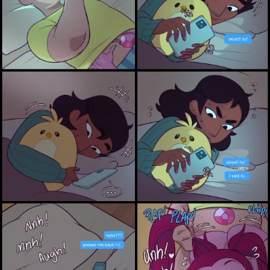 1boy, 2girls, ass, blush, cheating, connie maheswaran, english text, mahmapuu, meme, panels, pink skin, plushie, sex, smartphone, spinel (steven universe)