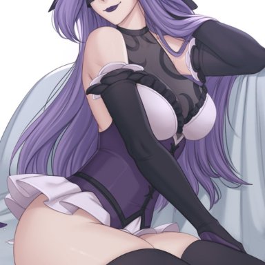 covered eyes, gloves, league of legends, purple hair, shellvi, syndra, thighhighs, thighs, withered rose syndra