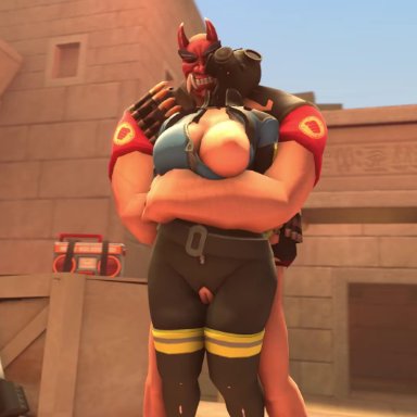 3d, anal, anal sex, animated, arms behind back, bodysuit, bouncing ass, bouncing breasts, desert, enemies, exposed breasts, fempyro, from behind, gas mask, heavy weapons guy