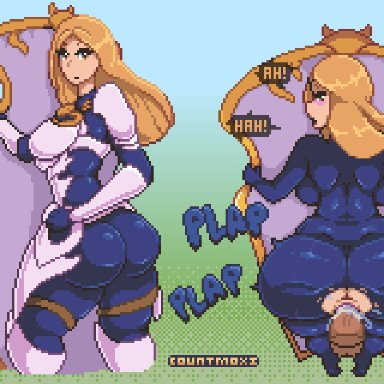 armor, ass, bent over, big ass, big butt, blonde hair, countmoxi, huge ass, instant loss 2koma, kisara (tales), penis, pixel art, sex, shield, tales of arise