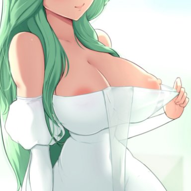 1girls, 2021, areolae, artist signature, bare shoulders, breasts, cleavage, collarbone, dress, erect nipples, female, female only, fire emblem, fire emblem: three houses, flashing