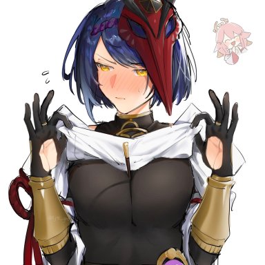 2021, 2girls, ^ ^, absurd res, arm guards, between breasts, bird mask, black bodysuit, black gloves, black hair, bodysuit, breasts, chibi, closed eyes, clothed