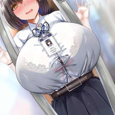 1girls, @ @, belt, black hair, blush, breasts bigger than head, bursting breasts, chomikuplus, eyebrows visible through hair, female, female only, hairclip, hand on glass, huge breasts, id card