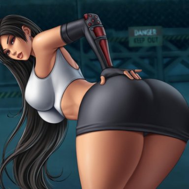 1girls, ass, bent over, big ass, female, female only, final fantasy, final fantasy vii, flowerxl, looking at viewer, looking back, miniskirt, solo, tifa lockhart