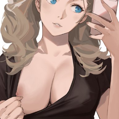 ann takamaki, blonde hair, breasts, cleavage, exhibitionism, female, j@ck, long hair, persona, persona 5, simple background, smartphone, solo, twintails, white background