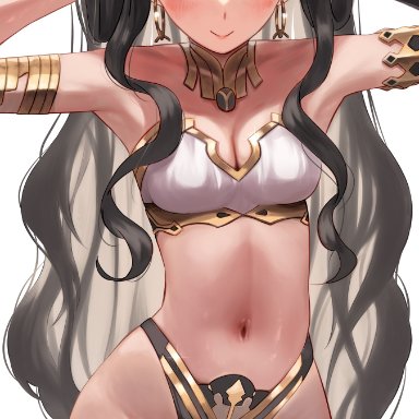 1girls, 2021, armpits, arms behind head, arms up, ass visible through thighs, black hair, black panties, blush, cleavage, deity, earrings, fate/grand order, fate (series), female