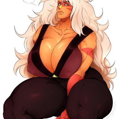 big breasts, black pants, brown shirt, busty, cleavage, clothed, erect nipples, female, jasper (steven universe), long hair, looking at viewer, muscular arms, muscular female, orange skin, orangekissess