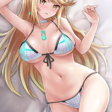 bikini, blonde hair, gold eyes, looking at viewer, mythra, r-binon, swimsuit, xenoblade (series), xenoblade chronicles 2