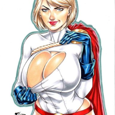 blonde hair, blue eyes, boob window, dc, dc comics, fred benes, huge breasts, large breasts, lipstick, looking at viewer, nipple piercing, power girl, short hair, solo, teasing