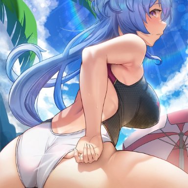 adjusting clothes, adjusting swimsuit, ahoge, ass, bare shoulders, barefoot, beach umbrella, blue hair, blush, breasts, cloud, competition swimsuit, day, dimples of venus, embarrassed