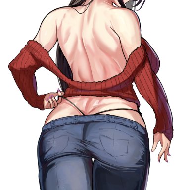 1girls, 2021, ass, back, back view, backboob, beidou (genshin impact), big ass, big breasts, black panties, breasts, brown hair, casual clothes, clothed, clothed female