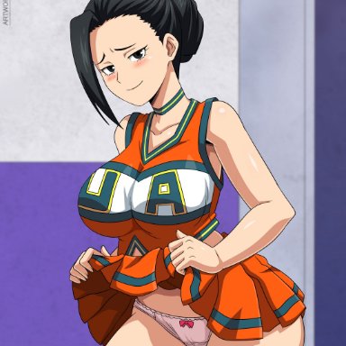 1girls, big breasts, black hair, blush, breasts, cheerleader, cheerleader uniform, eye contact, female, large breasts, looking at viewer, momo yaoyorozu, my hero academia, panties, sano-br