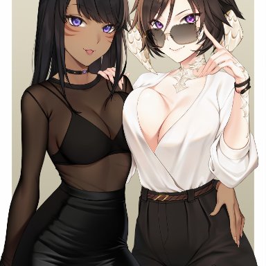 2girls, au ra, black hair, breasts, cat ears, cat tail, dark-skinned female, final fantasy, final fantasy xiv, horns, miqo'te, pencil skirt, reiji-rj, skirt