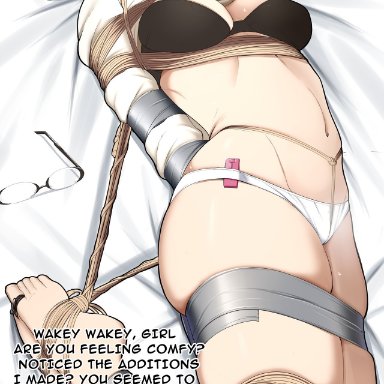 asada shino, bagelbomb, bed, blush, bondage, bound, bra, captured, gag, glasses, hogtie, panties, rope, sinon, sword art online