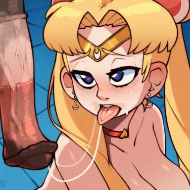 1boy, 1girls, after deepthroat, after oral, animal genitalia, animal penis, animated, big breasts, big penis, bishoujo senshi sailor moon, blue eyes, cum, cum string, fellatio, heart-shaped pupils