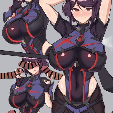 :q, alternate color, armor, bangs, blush, breasts, censor bar, cock, colored, core crystal, corruption, crystal, disembodied penis, double peace sign, evil pyra