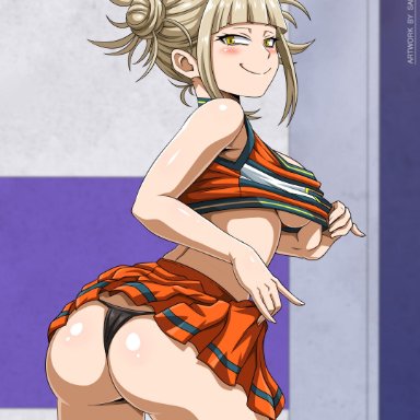 1girls, ass, big breasts, blonde hair, blush, breasts, cheerleader, cheerleader uniform, double bun, eye contact, female, himiko toga, looking at viewer, miniskirt, my hero academia