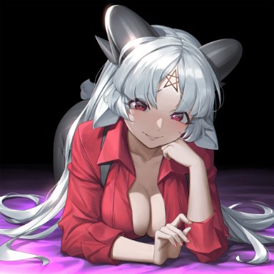 1girls, all fours, animal ears, bangs, baphomet (grizz), black background, borrowed character, breasts, cleavage, demon girl, eyebrows visible through hair, facial mark, fan character, forehead mark, goat ears