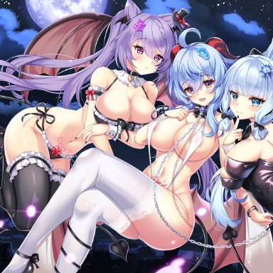 3girls, ass, blush, bra, breasts, cleavage, crossed legs, demon, demon girl, demon tail, female, female only, fishnet stockings, fishnets, full moon