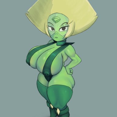 big breasts, bikini, cartoon network, cranihum, female, gem (species), green skin, hands on hips, looking at viewer, nipple bulge, peridot (steven universe), short stack, shortstack, sling bikini, steven universe