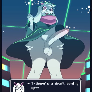 1boy, anthro, below view, big penis, bottomless, deltarune, dialogue, eyelashes, femboy, from below, furry, girly, glasses, goat, going commando