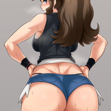 1girls, ass, blue eyes, breasts, brown hair, butt crack, creatures (company), curvy, from behind, game freak, grey background, hands on hips, highres, hilda (pokemon), huge ass