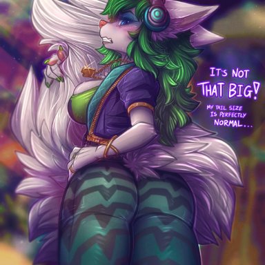 1girl, anthro, clothed, clothed female, dialogue, dimwitdog, english text, female, female only, fox, from behind, fur, furry, huge ass, large breasts