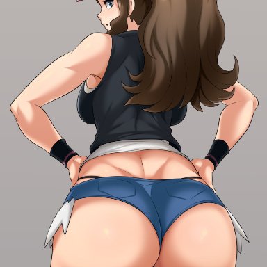 1girls, ass, blue eyes, breasts, brown hair, butt crack, creatures (company), curvy, from behind, game freak, grey background, hands on hips, highres, hilda (pokemon), jmg