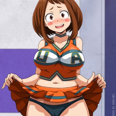 1girls, big breasts, blush, breasts, brown eyes, brown hair, cheerleader, cheerleader uniform, female, miniskirt, my hero academia, ochako uraraka, panties, sano-br, short hair