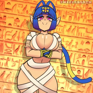 animated, ankha (cosplay), ankha ride (minus8), arm band, arms crossed, armwear, bandage, belly, belly button, big breasts, blue fur, blue hair, bouncing breasts, breasts, cat ears