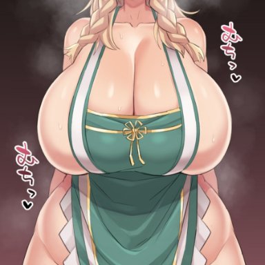 1girl, aba rano, apron, apron only, arms behind back, bear ears, belly, big breasts, blonde hair, blue eyes, blush, chubby, curvaceous, curvy, long hair