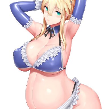 alternate version available, apron, armpits, arms up, artoria pendragon, artoria pendragon (lancer), big breasts, bikini, blonde hair, cleavage, elbow gloves, fate (series), female, female only, frilled bikini