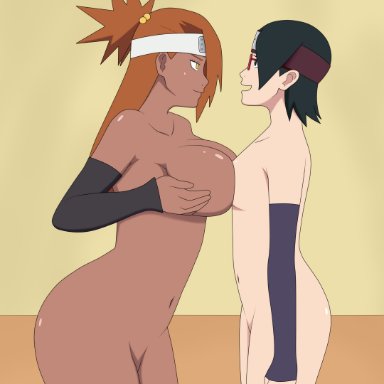 2girls, akimichi chouchou, annoyed, arm warmers, asymmetrical hair, big breasts, black hair, boruto: naruto next generations, breast press, breast size difference, breast to breast, breasts, clenched fist, clenched hand, comparing