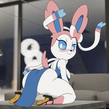 1girls, animated, anthro, ass, big ass, big breasts, big butt, blush, bouncing ass, breasts, dress, eeveelution, eye contact, female, furry