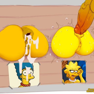 2girls, anal, anal sex, creampie, cum in ass, dubious consent, gape, gaping anus, hole in wall, imminent anal, lisa simpson, marge simpson, picture, questionable consent, stuck in wall