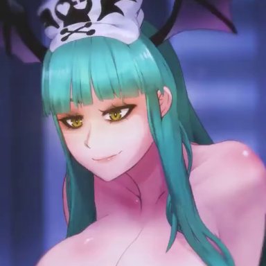 animated, ass, big breasts, big penis, blue hair, breasts, capcom, cum, cum in pussy, cum inside, darkstalkers, fat ass, foreskin, grabbing own ass, hands behind head