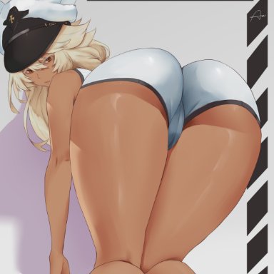 1girls, 2021, araneesama, arc system works, artist signature, ass, ass focus, ass shot, back, back view, bending over, bent over, blonde hair, booty shorts, brown skin