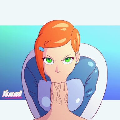 1boy, 1girls, aged up, animated, ben 10, blowjob, cartoon network, clothed, faceless male, gif, green eyes, gwen tennyson, kenergi, oral, pov blowjob