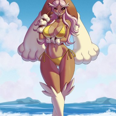 1girls, 2021, 5 fingers, absurd res, alanscampos, anthro, background, beach, big breasts, big ears, bikini, breasts, cleavage, commission, female