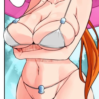 artist request, beach, big ass, big breasts, bikini, bleach, blush, cleavage, huge breasts, inoue orihime, long hair, milf, navel, orange hair, swimsuit