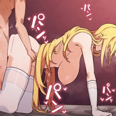 1boy, 1girl, animated, bed sheet, blonde hair, bouncing breasts, breasts, doggystyle, elbow gloves, embroidered gloves, embroidered legwear, gloves, hetero, irokohaku, kamijou touma